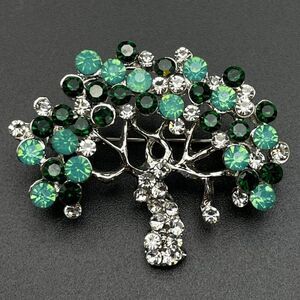 Silver with Green Opal Emerald and Diamond Crystal Blooming Tree Pin Back Brooch